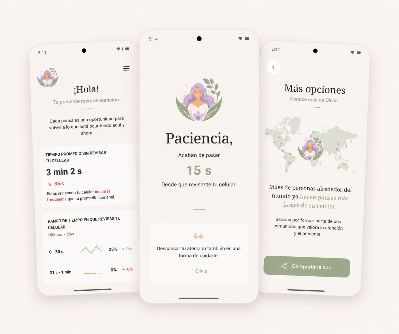 Capturas de pantalla de Olivia mostrando pausas conscientes, métricas y opciones de la app.